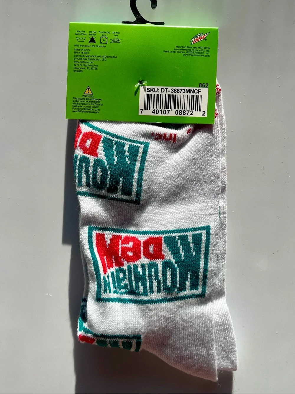 Mountain Dew White Crew Socks with Green and Red Logo